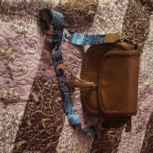 Brown Crossbody Bag with Patterned Strap